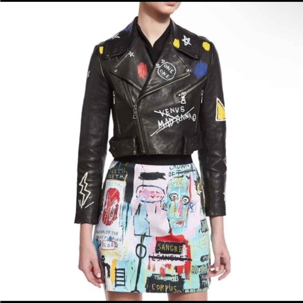 New Alice + Olivia x Basquiat Cody Lamb Leather Embelished Moto Jacket
